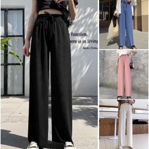 Women Ice Silks Wide Leg Pants Loose Elastic Waist Casual Summer Long Trousers LXH