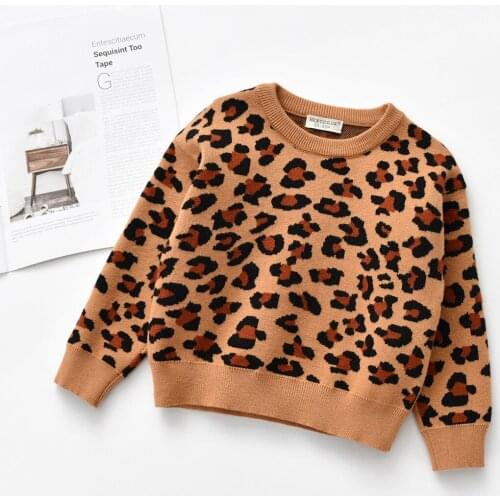 Kids Boys Girls Leopard Sweaters Fashion Long Sleeve Round Collar Knitted Pullover Tops Autumn Winter Knitwear for Children 0-6Y