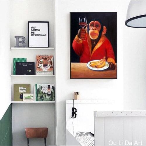 No frame abstract cartoon animal Mr. Monkey drinks red wine art prints canvas printings oil painting printed on canvas picture