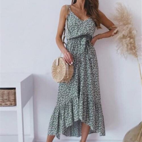 Summer new fashion womens dress with thin shoulder straps and large hem floral print open back tight-fitting long skirt