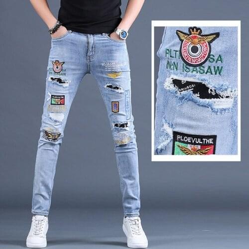 Summer Thin Embroidered Jeans Mens Ripped Pants Skinny Jeans Men