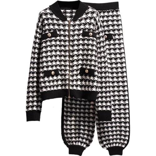 Fashion Houndstooth Knit Cardigan Jacket 2 Piece Set Ladies Autumn Long Sleeve Coat+Bloomers Pants Women Suit Winter chandal