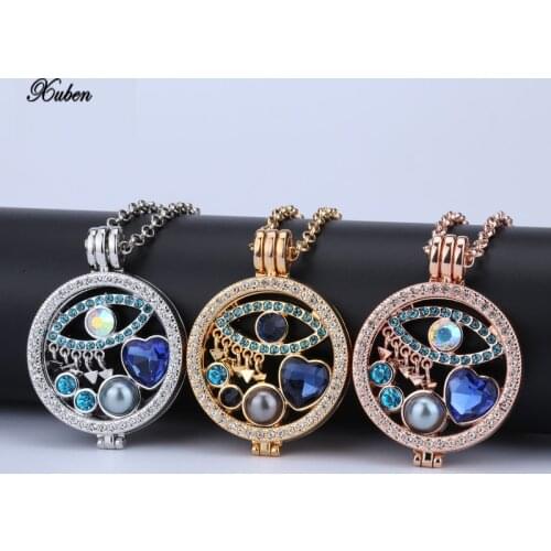 My coin necklace 35mm pendants set disc fashion women gift fit 33mm coin holder rhinestone eye style bule crystal 80cm chain