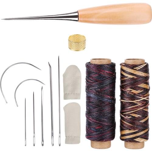 KAOBUY 12 PCS Leather Sewing Tools Kit Large-Eye Stitching Needles Waxed Thread + Awl For Leather Crafting Tools