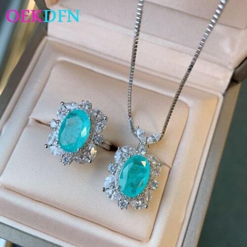 OEKDFN Solid 925 Sterling Silver Jewelry Set Paraiba Tourmaline Gemstone Pendant/Necklace/Rings Wedding Anniversary Jewelry Sets