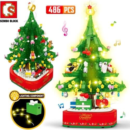 Christmas Theme Rotating LED Shining Music Box Building Blocks DIY City Friends Tree House Bricks Toys For Children Xmas Gifts