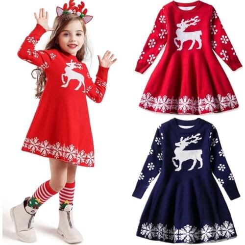 Winter Long Sleeves Girls Dress Red Christmas Costume Sequined Stars New Year Party Clothes Tutu Childrens Clothing For 3-8 Yrs