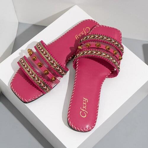 2021 Fashion Embroidered Women Slipper Flat Heel Casual Slip On Slide Summer Outdoor Beach Flip Flops Shoes Ladies Open Toe Sand