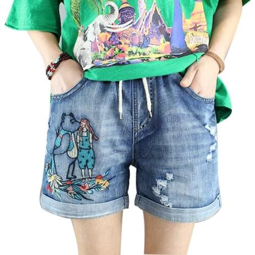 Summer Vintage Ripped Denim Shorts Women Casual Cartoon Embroidery Loose Elastic High Waist Jeans Woman Distressed Shorts Pants