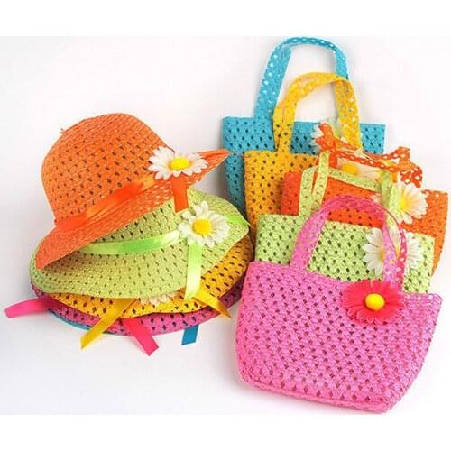 Sun Flower Straw Hat Handbag Set Cute Lovely Girls Princess Fashion Summer Beach Outdoor Travel Pure Color Sun Hat