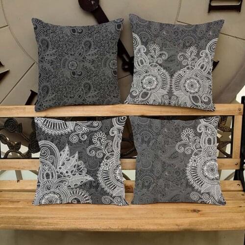 Dark Grey Paisley And Mandala Flowers Geometric Vector Floral Pattern Pillow Case Home Bar Sofa Chair Decorative Cushion Cover