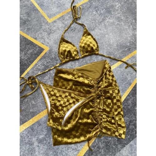 PH01 Green Velvet bikini three piece swimsuit women 2021