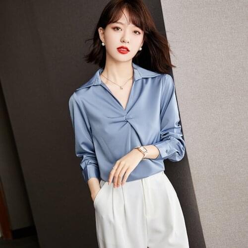 Autumn 2021 Women V-neck Folds Office Lady Blouses Pullover Single-piece Set Straight Ladies Tops White Blue