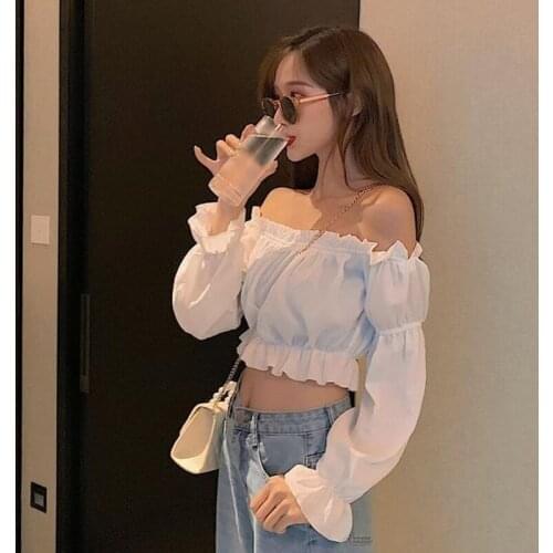 Women Top Sexy Blouse Off Shoulder Top Long Sleeve Club Party White Shirt Puff Sleeve Ruffle Tunic Crop Top Summer Tube Top