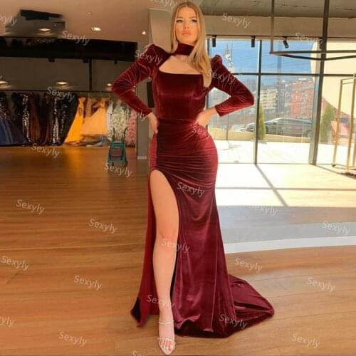 Sexy Keyhole Neck Mermaid Evening Gowns Elegant Long Sleeve Velvet Prom Dress With High Split Chic Women Graduation Party Dress