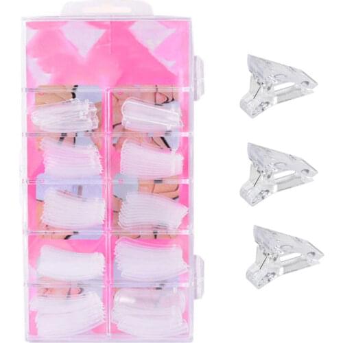 100pcs/box Fake Nail Tips For Polygels Extension Builder Nail Form With 3pcs Clips Holder Nail Art Tools Set Transparent