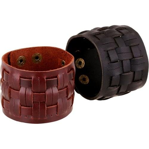 Handmade Cowhide Vintage Punk Casual Retro Brown Black Woven Wide Wrap Genuine Leather Men Bracelets for Women Femme Jewelry