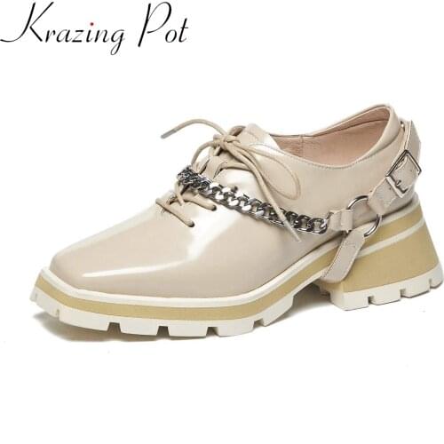 Krazing pot cow leather round toe superstar thick high heels metal chains minimalist fashion platform mixed color brogues l8f1