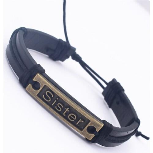 Bronze Sister Square strip letter Charms Handmade Fashion Family Christmas Gift bestfriend Leather ID Bracelets