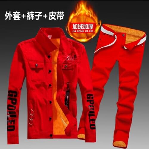 Autumn Winter Warm Mens Denim Jacket Jeans Pants 2pcs Set Letters Printed Plush Liner Men Coat Thick Trousers Large Size H08