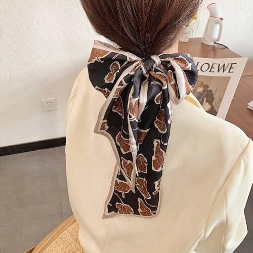 French retro long small silk scarf female ginkgo leaf print headband silk scarf ribbon square scarf