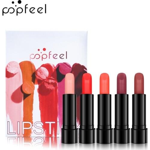 POPFEEL Super Lustrous Lipstick, 5 Piece Multi-Finish Lipcolor Gift Set, In Cream Pearl & Matte, Pack of 5