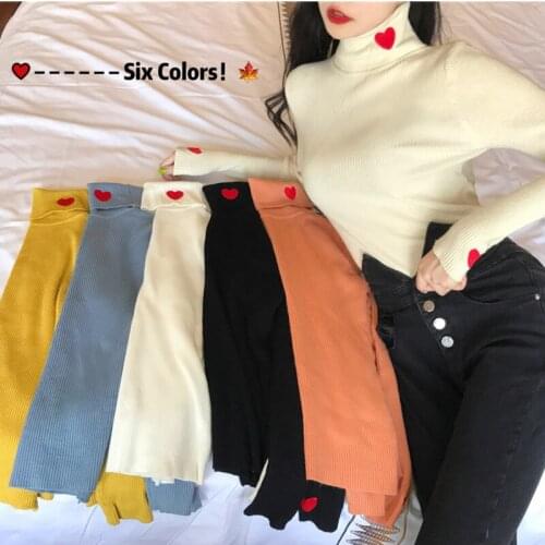 Ins Turtleneck Cute Sweater Women Korean Slim Fit Inside Pullover Autumn Winter New Heart-shaped Embroidery Female Warm Base