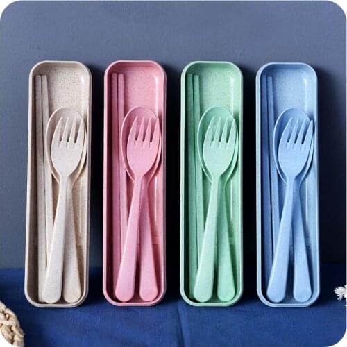 3 pcs/set Portable Household Dinnerware Kit Travel Cutlery Set Wheat Straw
