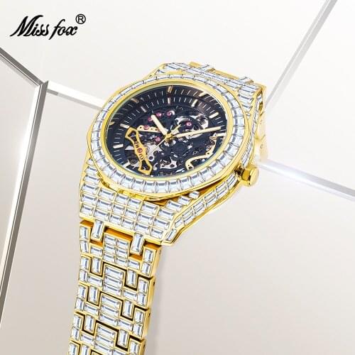 MISSFOX Hip Hop Full Square Ice Out Diamond Mens Watches Top Brand Luxury Steel Man Watch Men Clock Wholesale Relogio Masculino
