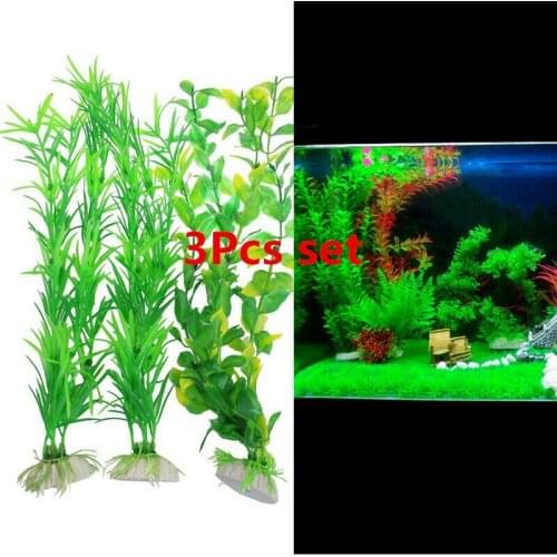 3Pcs Set Long Green Plastic Artificial Water Plants with Ceramic Base For Aquarium Fish Tank Decoration 13.8" Height