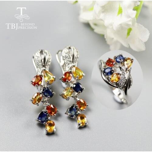 Natural Fancy color sapphire Jewelry set ,rose design earring ring gemstone jewelry 925 sterling pure silver for women wife mom