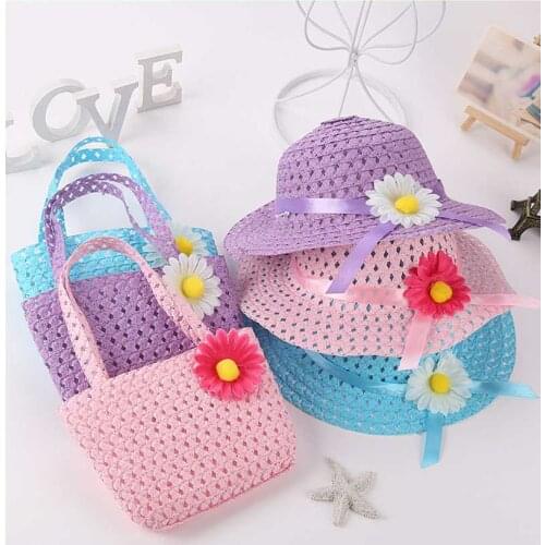 New Summer Children Beach Hats Set Wide Brim Yellow Straw Wide Hat 3-7 old years Childrens Holiday Travel Pink Beach Bags