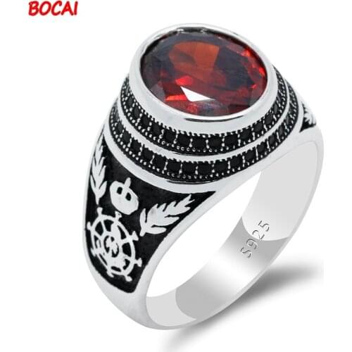 New European and American personality totem AAA zircon men ring 925 silver vintage red gem ring