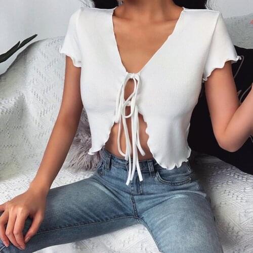 Sexy Crop Tank Tops Women Cardigan Lace-up T-shirt Female Slim Sexy Lace-up Knitted Short-sleeved Shirt Female with Wooden Ear