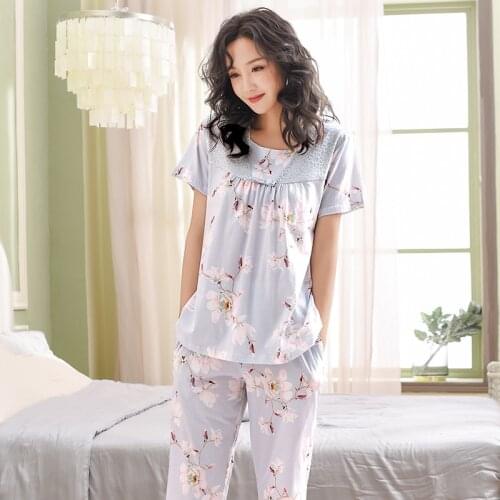 Summer full pure cotton pajama set women small flower sleepwear casual short sleeve tops and calf-length pants pyjamas female