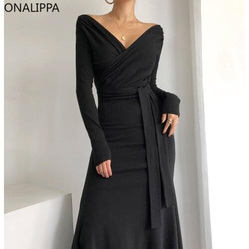 ONALIPPA Hem Irregular Dress Ladies French Sexy Elegant Temperament Thin Deep V-Neck Cross Slim Fit Strappy Hip Wrapped Vestidos