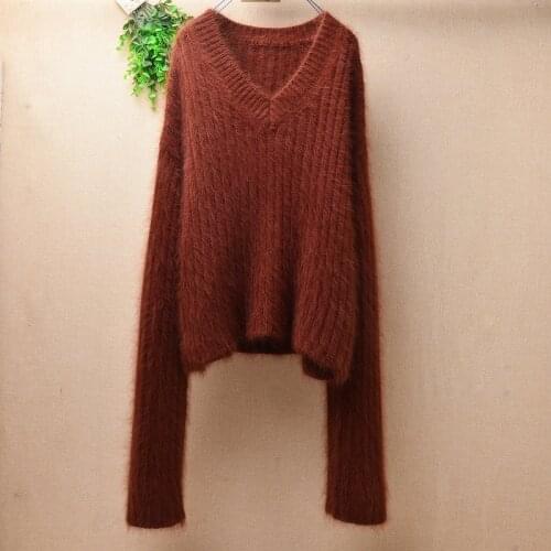 Ladies women fashion winter striped mink cashmere knitted v-neck X-long sleeve loose pullover angora fur jumper sweater pull top