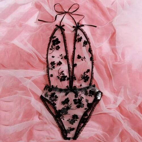 Sexy Hollow Lingerie Set Women Lace Bra Perspective One Piece Halter Bodysuit