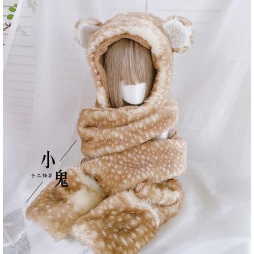 Kawaii Antlers Bear Ear Thicken Hat Female Retro Lolita Autumn Winter Lovely Plush Scarf Protection Warm Gloves Three Piece Set