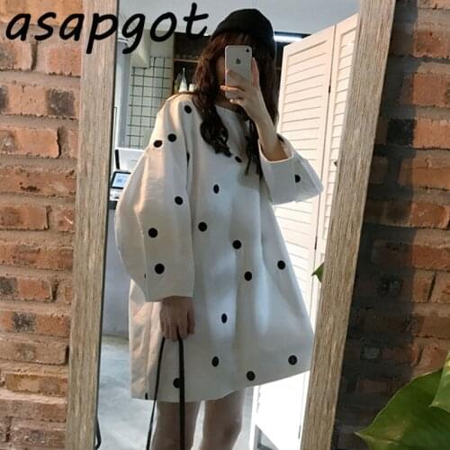 Chic Autumn Sweet Round Neck Loose Black White Polka Dot Lantern Sleeve Dress Mini Casual Vestidos Mujer Cotton Japan Fashion