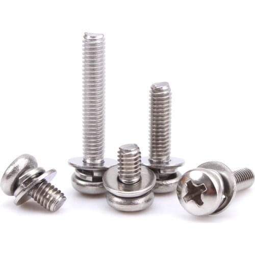 Three Combination Screw Cross Phillips Pan Round Head Machine Bolts Three sem screws with washer 304 Stainless Steel M2 M2.5 M3