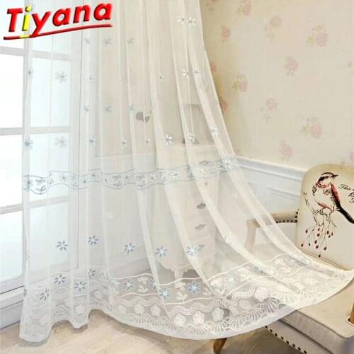 Blue Flowers Embroidery Tulle Curtains for Living Room White Sheer Volie for Bedroom Kitchen X-HM436*30