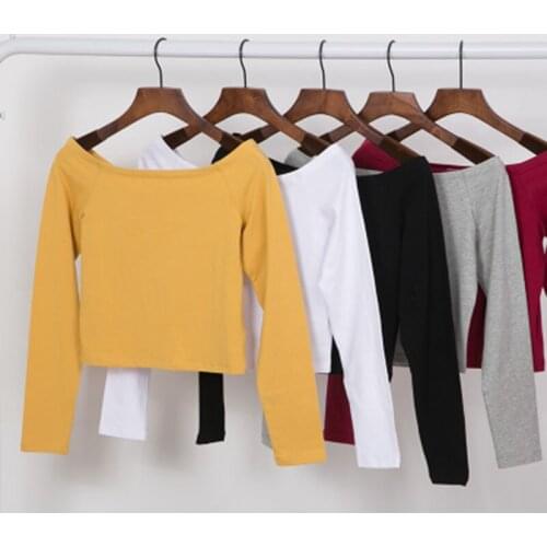 Crop top long sleeve t shirt women t-shirts cotton Slash neck off shoulder top tee shirt femme tshirt women camisetas mujer 2019