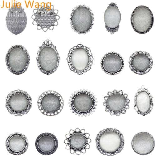 Julie Wang 1 Set Brooch Pins Alloy Antique Silver Blank Setting Base With Glass Cabochon DIY Jewelry Making Accessory 18 Styles