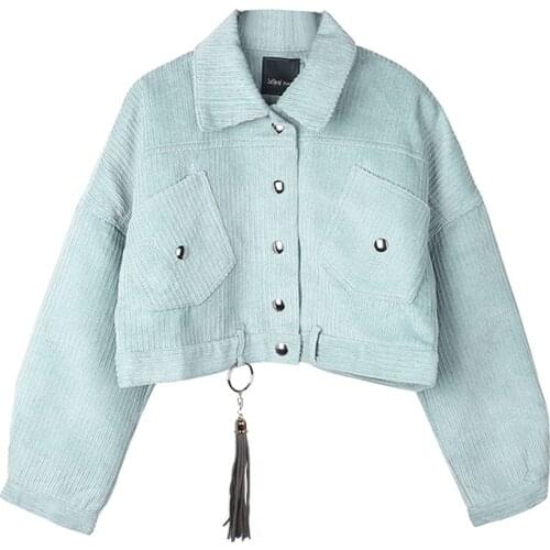PERHAPS U Women Corduroy Jacket Pocket Winter Autumn Outerwear Button Tassel Black Gray Blue C0043