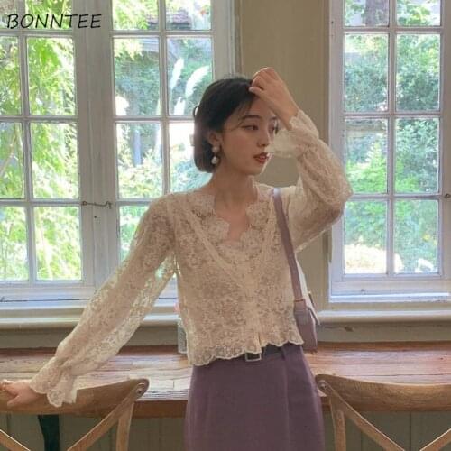 Shirts Women Ladies Tops Lace Female Clothing Spring Hot Simple Style Ulzzang Breathable Hollow Out Solid Slim Casual Elegant