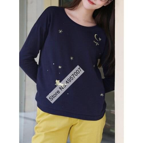 Ladies Navy Blue Gold Cat Embroidered Round Neck Long Sleeve Pullover Top