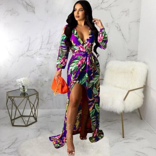 Women Sexy Floral Print Long Party Dresses Autumn Deep V Neck Full Sleeve Holiday Dress Elegant Front High Split Beach Vestido