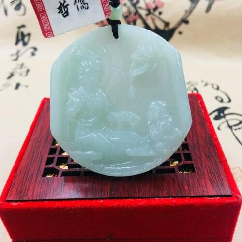 Zheru pure natural Jadeite carved light green lotus Guanyin pendant with green bead sweater chain Send A certificate