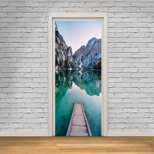 2pcs/set 3D blue sea around wooden bridge Door Wall Stickers Bedroom Home Decor Poster PVC Waterproof Door Sticker